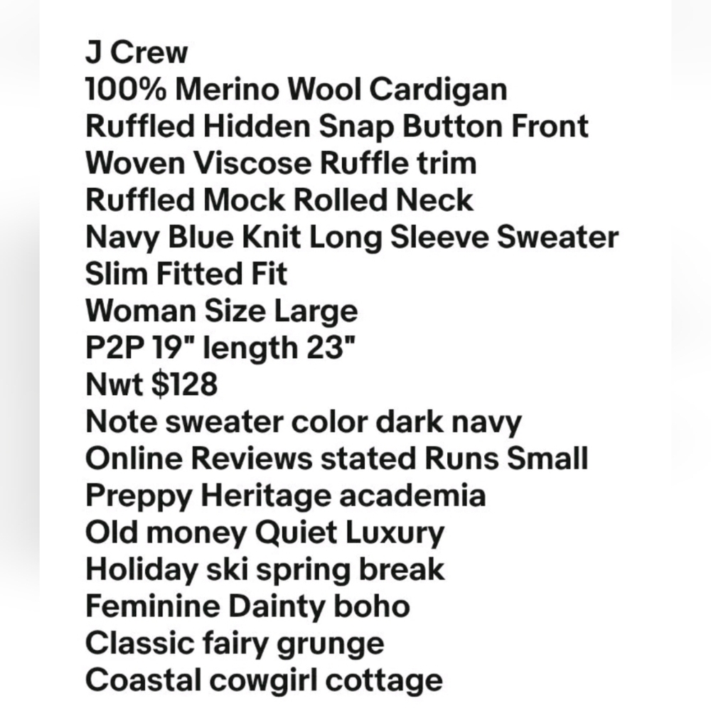 J Crew Merino Wool Ruffled Mockneck Cardigan Fitted Sweater Slim Large Navy Nwt - Picture 16 of 16